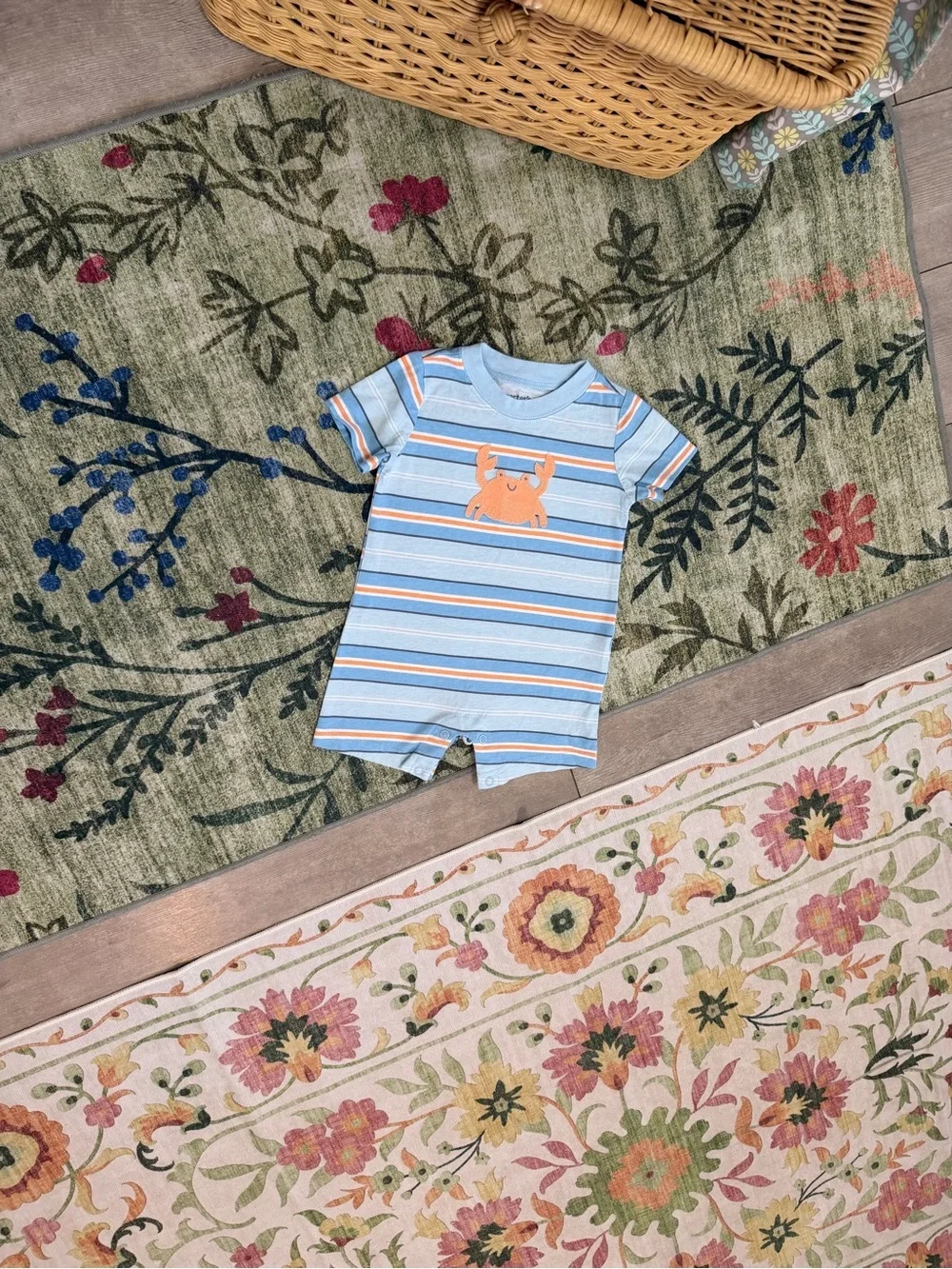 Carter's Light Blue & Orange Striped Crab Romper 6-9 Months Baby Boy